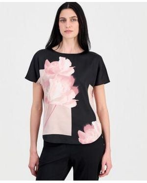 Anne Klein Printed Boat Neck Short Sleeve Top - Black