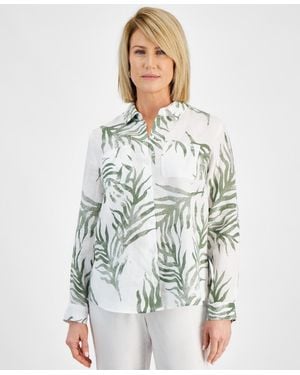 Charter Club Petite 100% Linen Printed Button-front Shirt - White