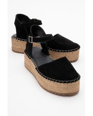 Forever & Always Shoes Viba Leather Esprarille Platform Wedge Sandals - Black