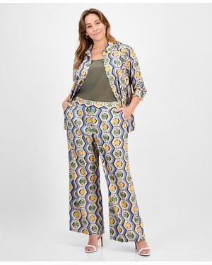 Tahari Plus Size Printed Mid Rise Wide-leg Pants - White
