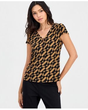 Anne Klein Essentials Petite Pleat Neck Keyhole Printed Blouse - Black