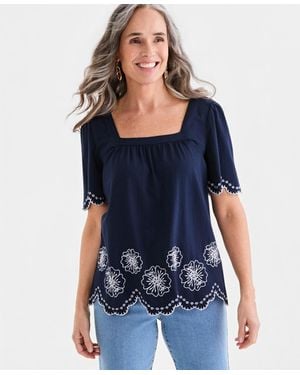 Style & Co. Embroidered Scalloped Knit Top - Blue