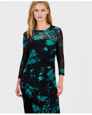 Anne Klein Floral Long-sleeve Mesh Midi Dress - Blue
