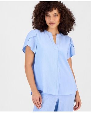 Anne Klein Essentials Petite Textured Tulip-sleeve Top - Blue