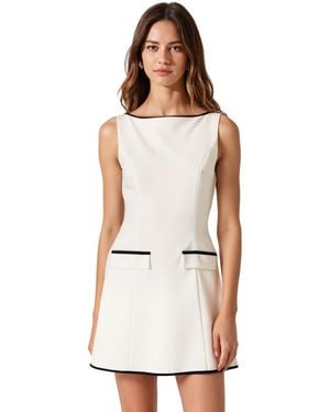 Modenaire Sleeveless A-line Contrast Trim Faux Pocket Mini Dress - White