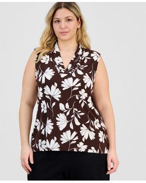 Anne Klein Plus Size Pleated-neck Sleeveless Top - Black