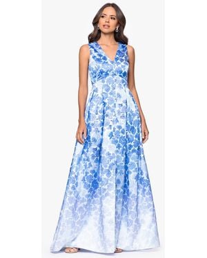 Betsy & Adam Betsy Adam Floral Printed V Neck Gown - Blue