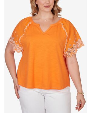 Ruby Rd. Plus Size Embroidered Sleeve Slub Knit Top - Orange
