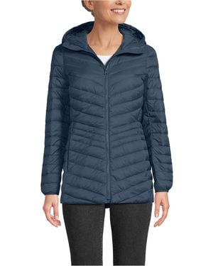 Lands' End Wanderweight Packable Down Hooded Long Jacket - Blue