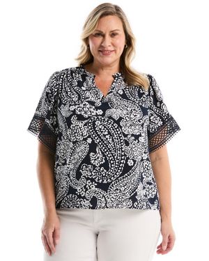 Rafaella Plus Size Paisley Print Flutter Lace Short Sleeve Blouse - Gray