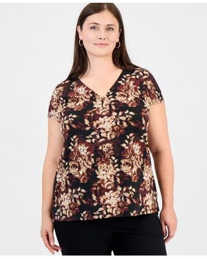 Anne Klein Essentials Plus Size Cap Sleeve Floral Pleat Neck Blouse - Black