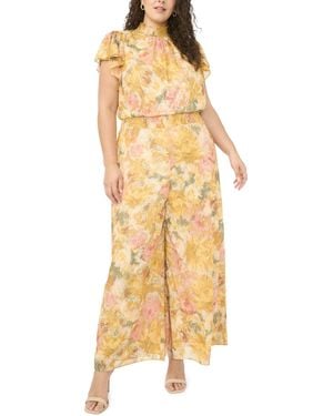 Msk Plus Size Flutter-sleeve Printed Jumpsuit - Yellow