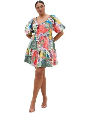 City Chic Fantasy Berry Floral Print Puff Sleeve Mini Dress - Red