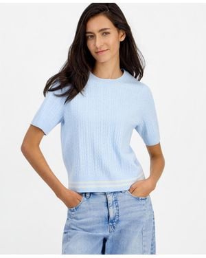 On 34th Cable-knit Short-sleeve Crewneck Sweater - Blue
