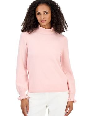 Anne Klein Ruffle Mock Neck Long-sleeve Fitted Sweater - Pink