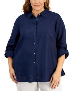 Charter Club Plus Size Roll-tab 100% Linen Shirt - Blue