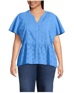 Lands' End Plus Size Short Sleeve Mixed Media Eyelet Top - Blue