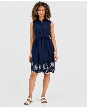 Style & Co. Petite Sleeveless Scalloped-hem Shirt-dress - Blue