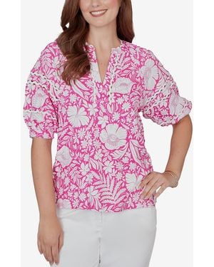 Ruby Rd. Petite Tropical Floral Trim Knit Top - Pink