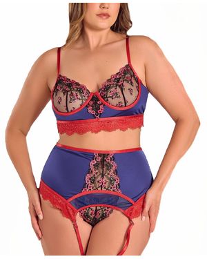 iCollection Plus Size Gypsy Lace 3pc Bralette Garter Lingerie Set - Red