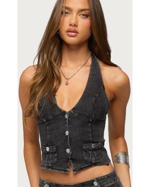 Edikted Sashe Button Up Denim Halter Top - Black