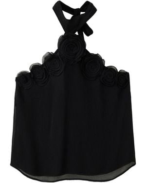Mango Crop Flower Details Halter Top - Black