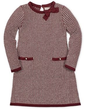 Hope & Henry Big Girls Organic Long Sleeve Bow Detail Tweed Sweater Dress - Purple