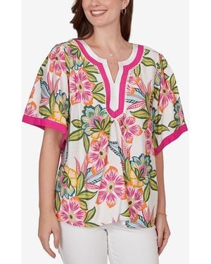 Ruby Rd. Petite Tropical Floral Trim Detail Top - Red