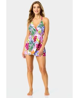 Anne Cole V-neck Surplice Skirted One-piece Swim Dress - Red
