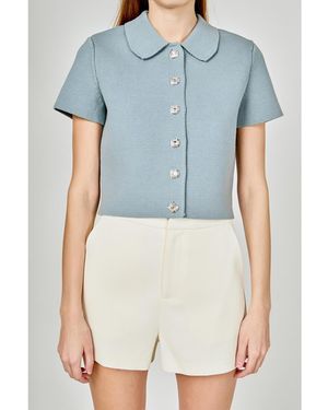Endless Rose Jewel Buttoned Cropped Knit Top - Blue