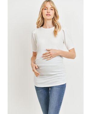 Hello Miss Maternity Ribbed Ruched Short Sleeve Puff Top - White