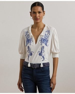 Ralph Lauren Embroidered Jersey Tie-neck Top - Blue