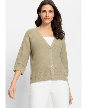 Olsen Cotton Linen Blend 3/4 Sleeve Crochet Stripe Cardigan - Natural