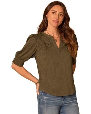 Democracy Smocked Pintuck Knit Mandarin Collar Top - Green