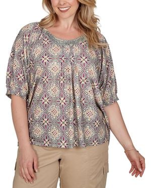 Ruby Rd. Plus Size Desert Geo Print Lace Trim Knit Top - Gray