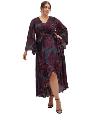 City Chic Plus Size Evangeline V-neck Bell-sleeve Floral-print Wrap Maxi Dress - Red
