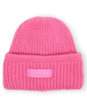 Steve Madden Mixed Knit Tonal Patch Beanie - Pink