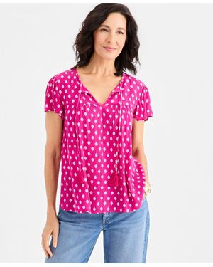 Style & Co. Printed Split-neck Flutter-sleeve Blouse - Pink