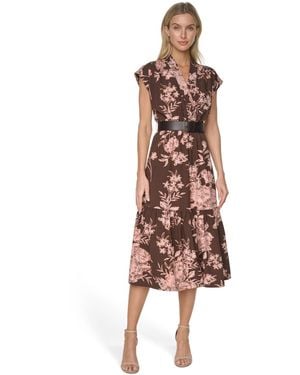 Calvin Klein V-neck Belted Midi Dress - Pink