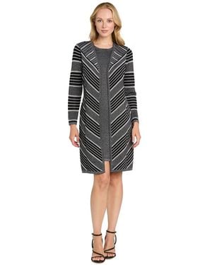 R & M Richards Knit Striped Crewneck Jacket Dress - Gray