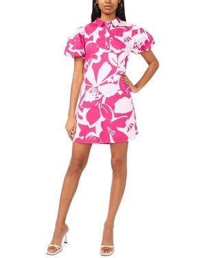 Msk Printed Cotton Collared Puff-sleeve Shift Dress - Pink