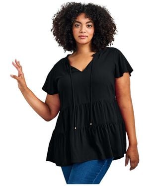 Avenue Plus Size Lani Flutter Sleeve Tiered Top - Black