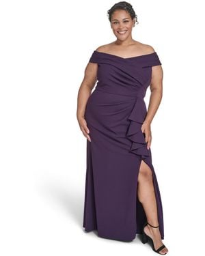 Eliza J Plus Size Off Shoulder Pleated Ruffle Gown - Purple