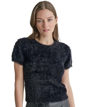 BCBGMAXAZRIA Short-sleeve Fuzzy-knit Crewneck Sweater - Blue