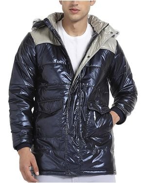 Cahoot Campus Sutra Blue & Beige Zip-front Puffer Jacket With Fur Detail