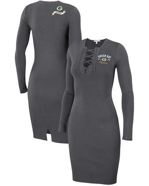 WEAR by Erin Andrews Green Bay Packers Lace Up Long Sleeve Dress - Gray