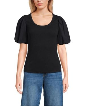 Lands' End Petite Drapey Rib Puff Sleeve Scoop Neck Top - Black