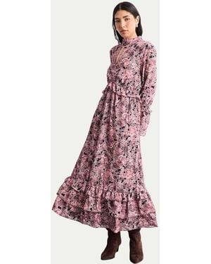 Warehouse Chiffon Shirred High Neck Midi Dress - Brown