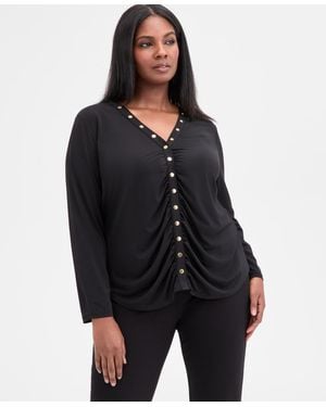 INC International Concepts Plus Size V-neck Long-sleeve Blouse - Black