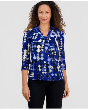 Kasper Petite Twist-neck 3/4-sleeve Top - Blue